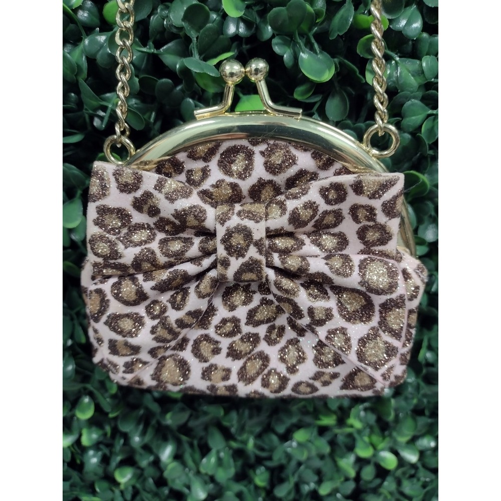 Gymboree Girls Leopard Print Glitter Bow Coin‎ Purse Pink Gold Chain Strap
